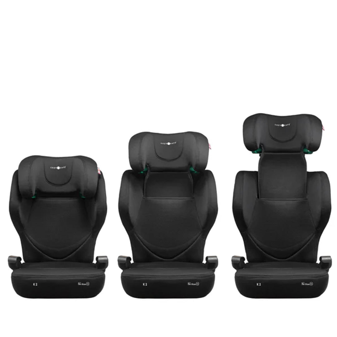 Three black car seat products on a white background