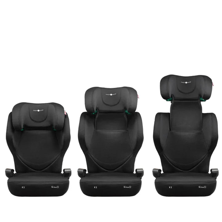 Three black car seat products on a white background