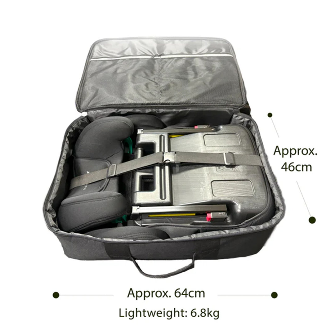 Car seat in a carrying case with dimensions and weight information.