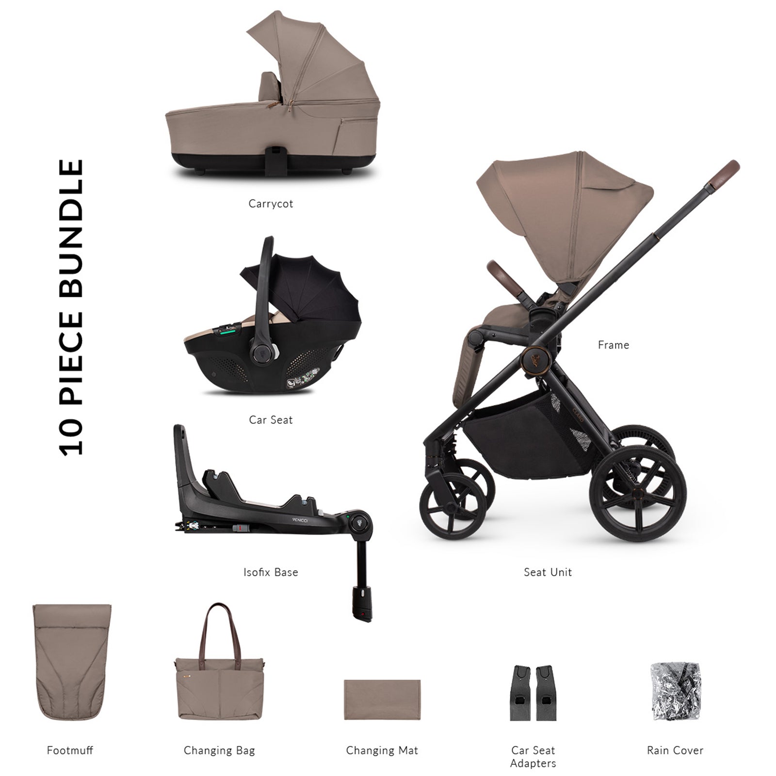 10-piece stroller bundle with various components on a white background
