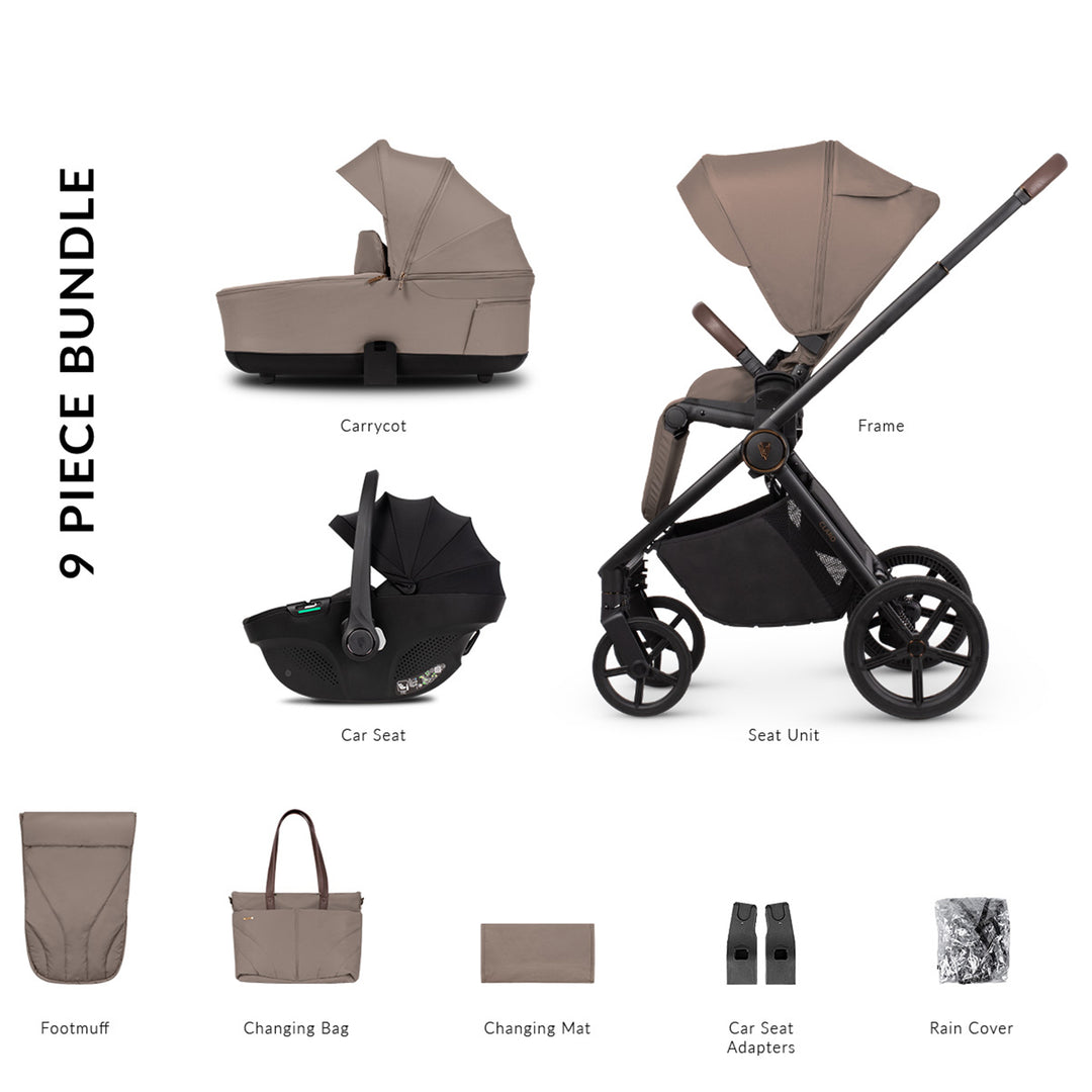 9-piece stroller bundle with carrycot, frame, seat unit, car seat, footmuff, changing bag, changing mat, car seat adapters, and rain cover on a white background.