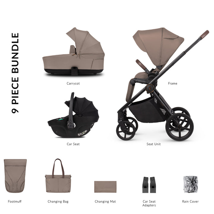 9-piece stroller bundle with carrycot, frame, seat unit, car seat, footmuff, changing bag, changing mat, car seat adapters, and rain cover on a white background.