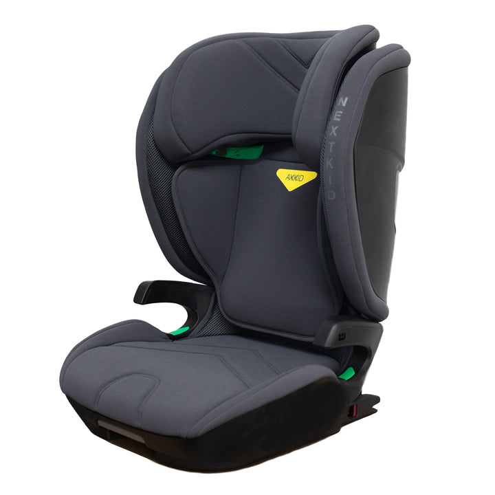 Gray car seat with a visible brand logo on a white background