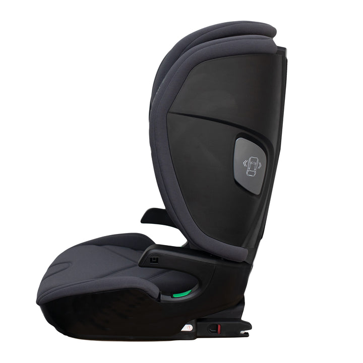 Black car seat with a visible brand logo on a white background