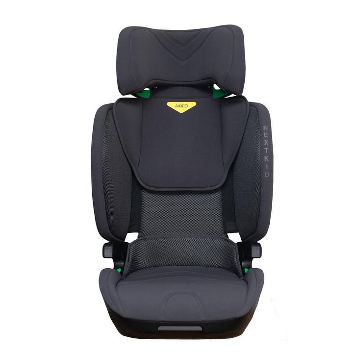 Gray car seat with visible brand logo on a white background