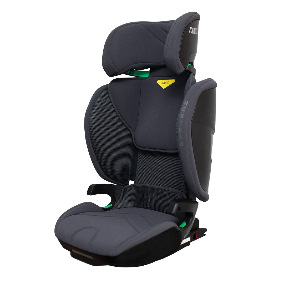 Child car seat with headrest on a white background