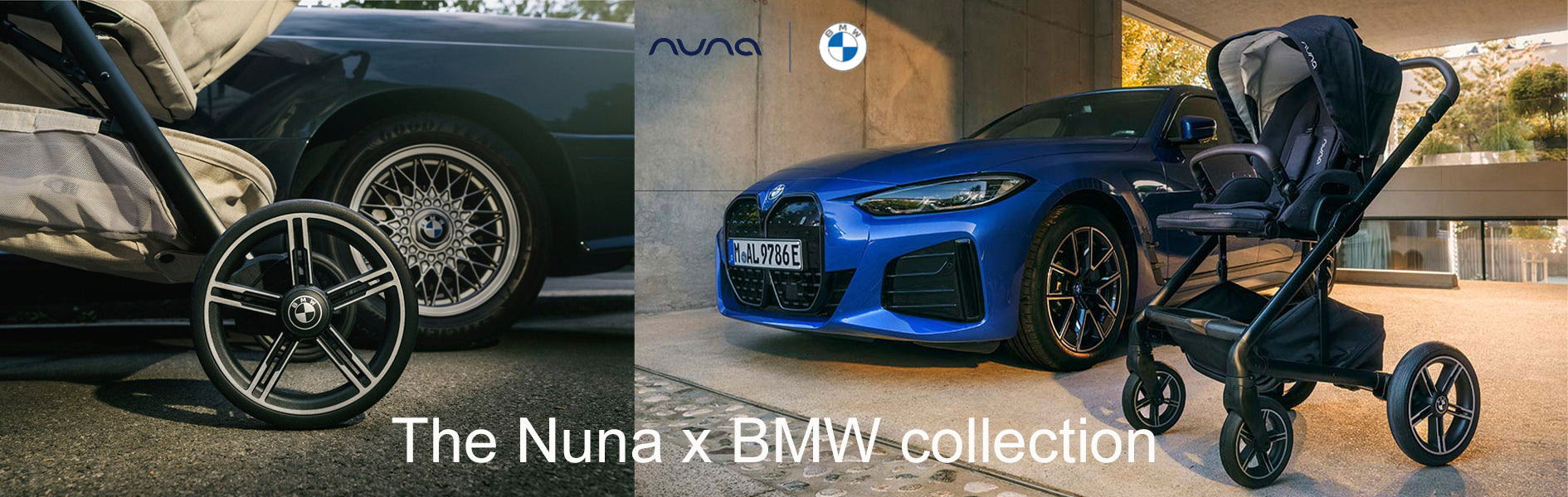 Collage of BMW car and Nuna stroller with 'The Nuna x BMW collection' text.