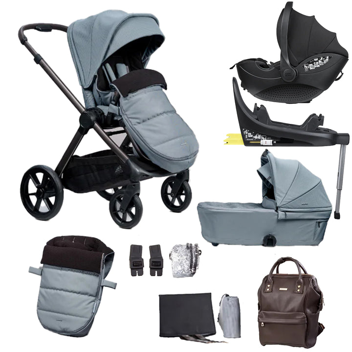 Collage of a baby stroller and related accessories on a white background