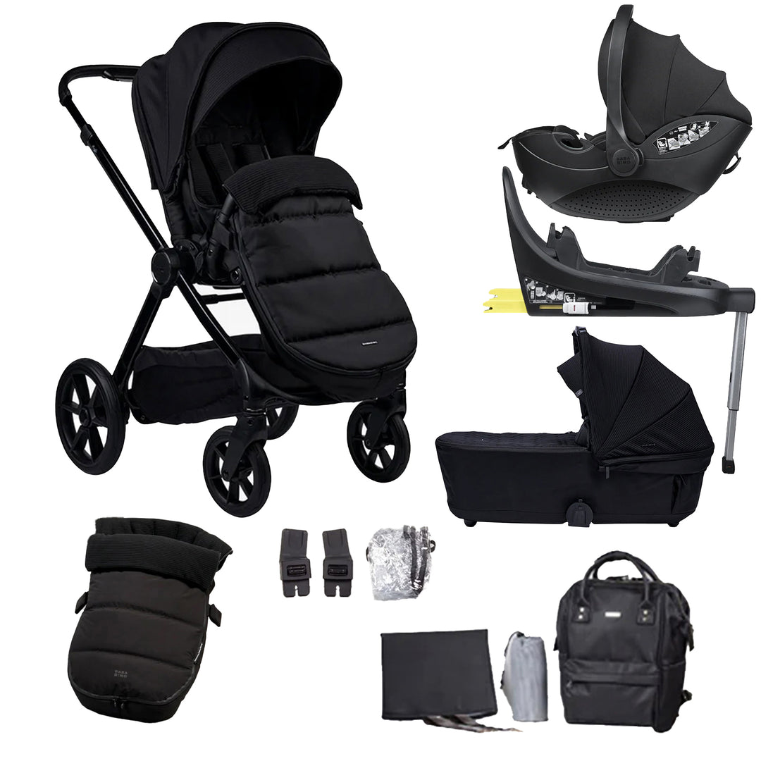 Black baby stroller and accessories set on a white background
