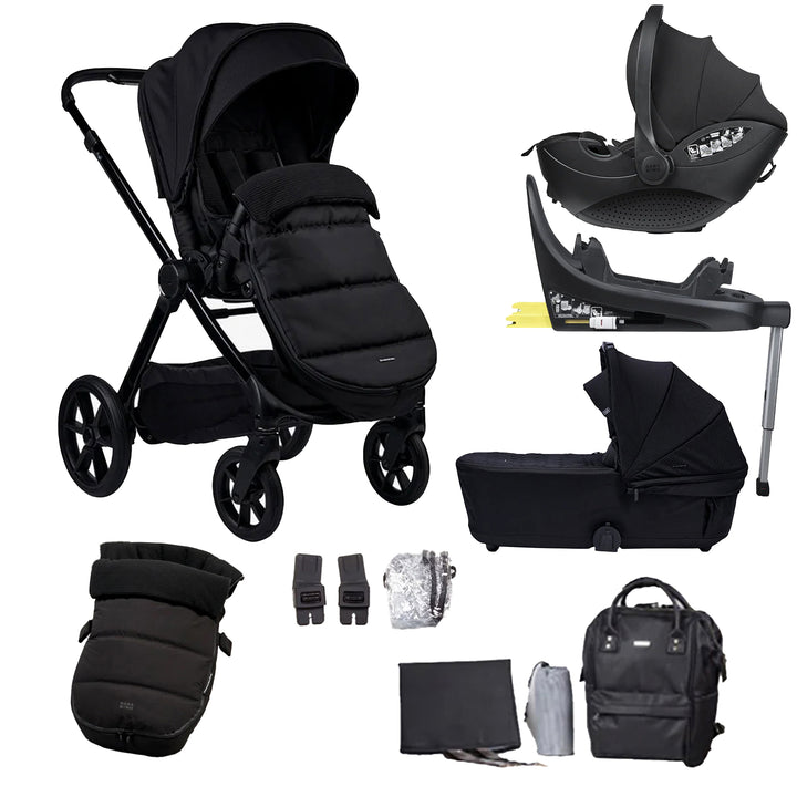 Black baby stroller and accessories set on a white background