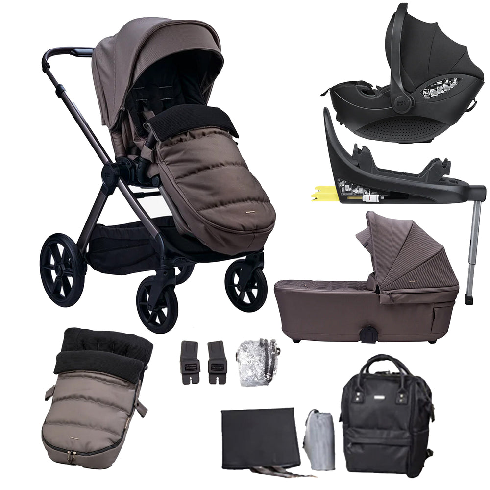 Collage of a baby stroller and related accessories on a white background