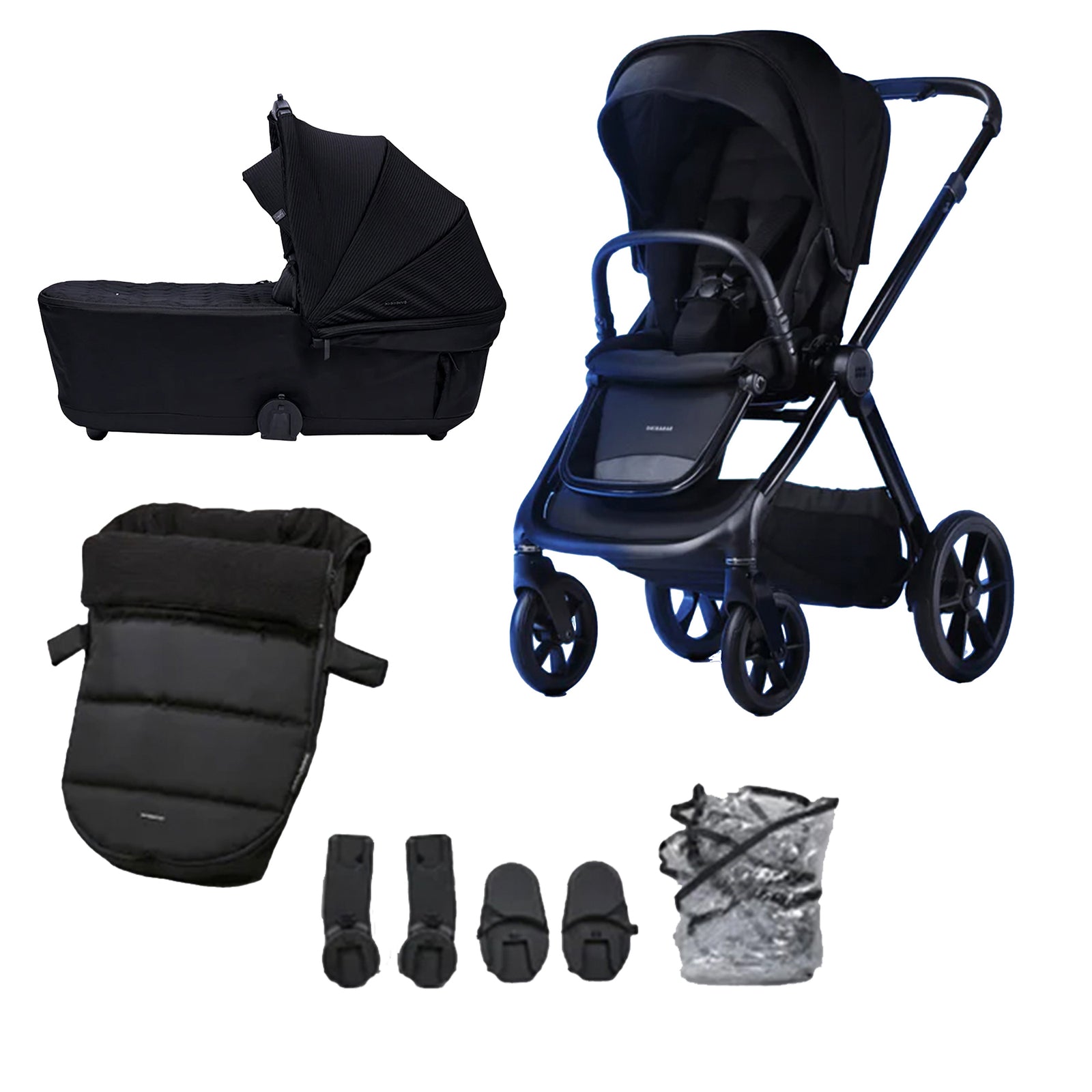 Bababing Raffi MKII 2-in-1 Pushchair with accessories including a carrycot, footmuff, rain cover, and additional canopy pieces. The pushchair is displayed in black color with all-terrain wheels and one-handed folding mechanism.