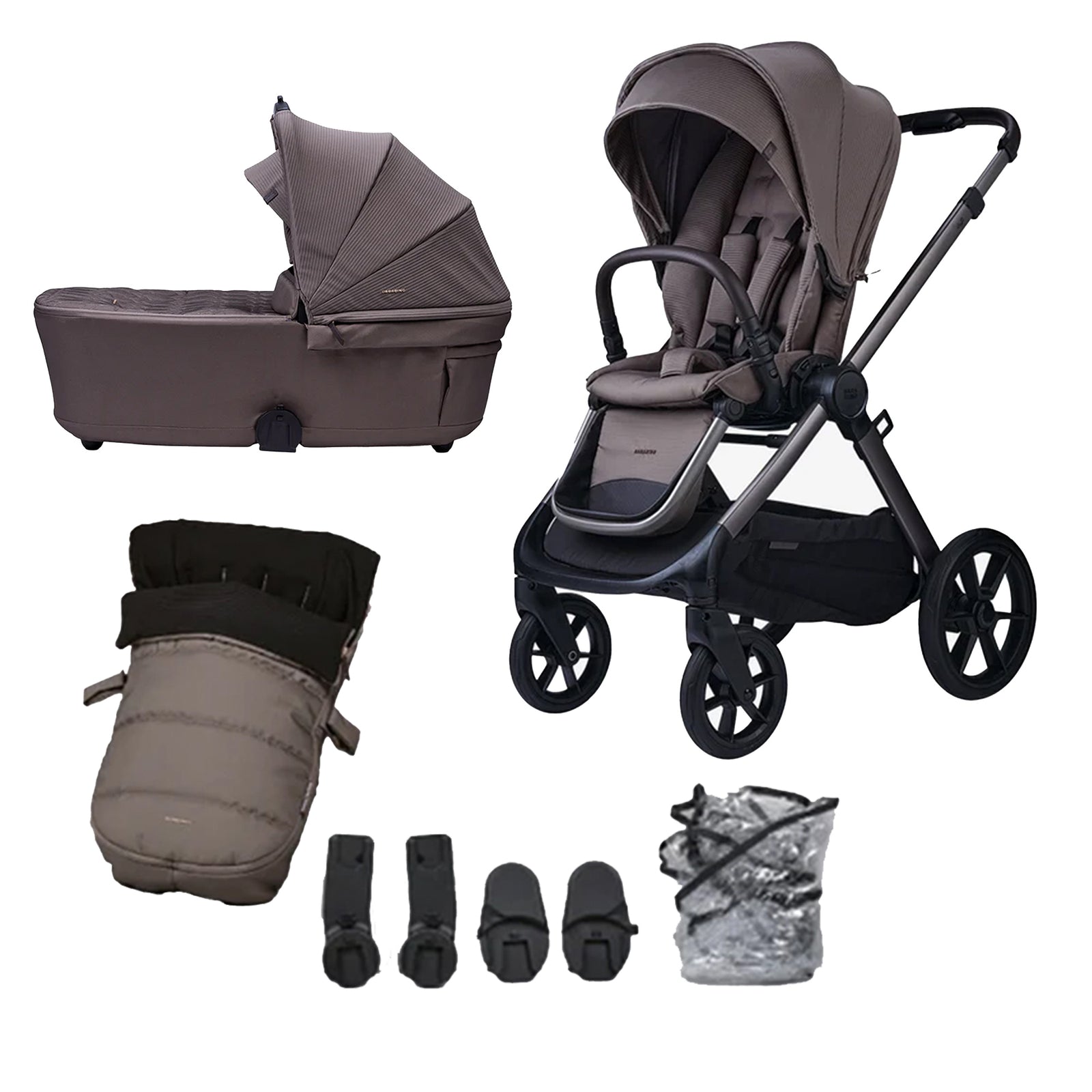 Bababing Raffi MKII 2-in-1 Pushchair with accessories including a carrycot, footmuff, rain cover, and additional canopy pieces. The pushchair is displayed in black color with all-terrain wheels and one-handed folding mechanism.