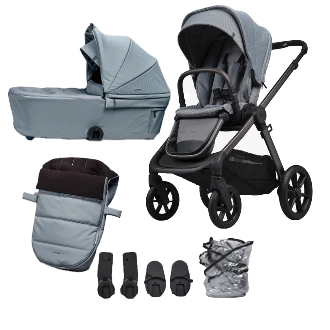 Gray baby stroller set with accessories on a white background