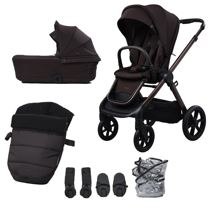 Dark Brown baby stroller set with accessories on a white background