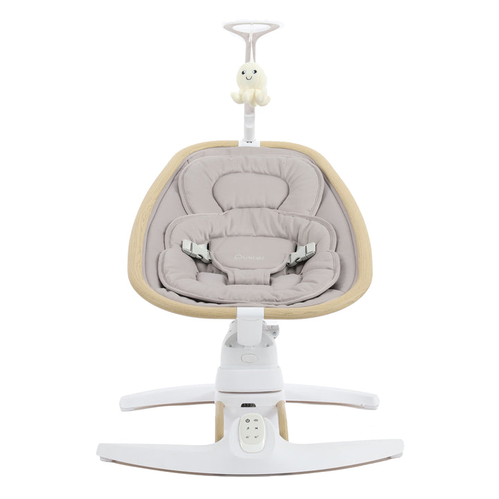 Baby swing with beige cushion and white base on a white background