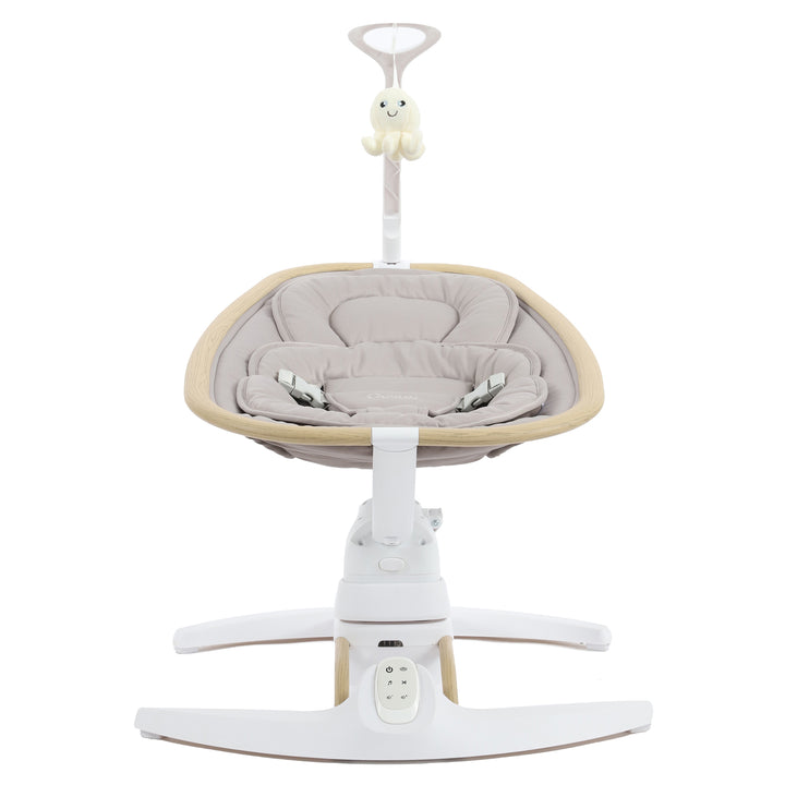 Baby swing with beige cushion and white base on a white background