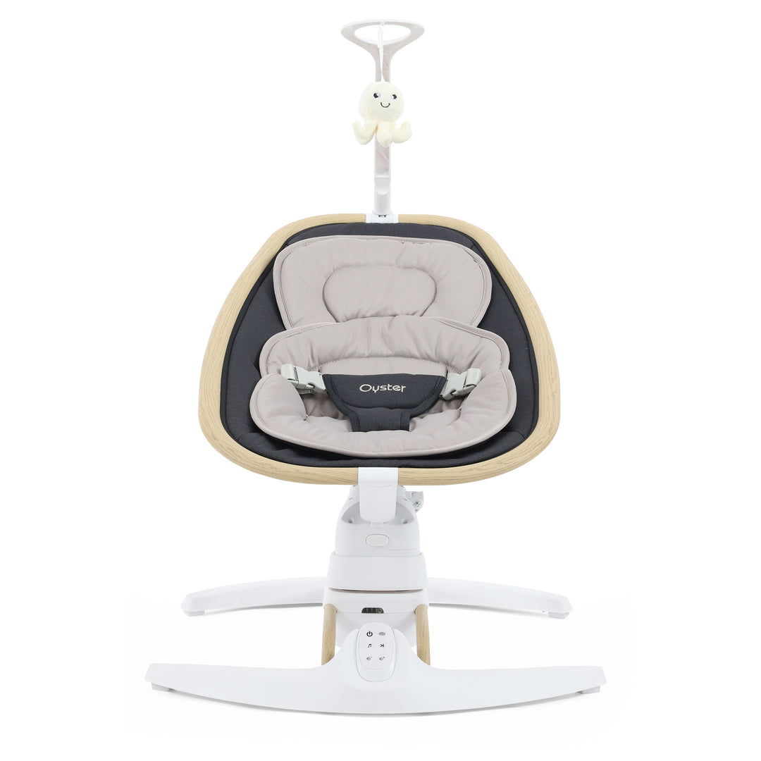 Baby swing with beige and gray seat on a white background