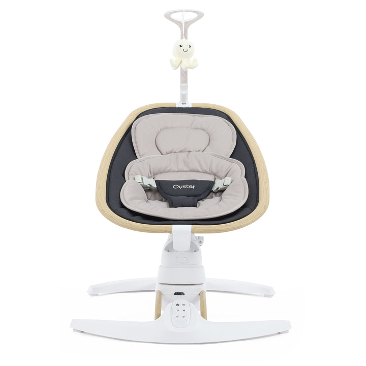 Baby swing with beige and gray seat on a white background