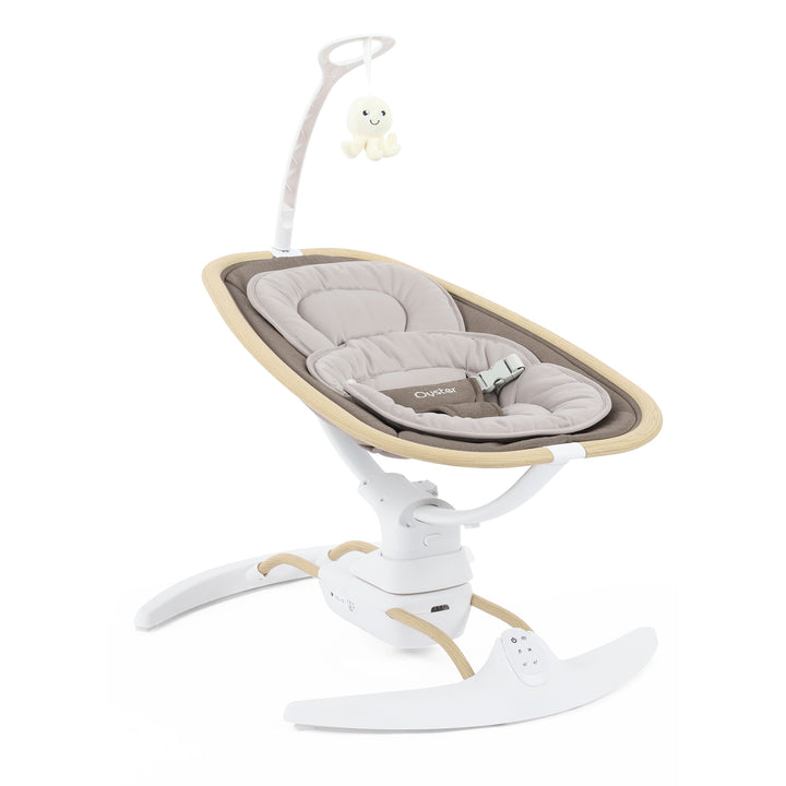 Baby swing with beige and gray seat on a white background
