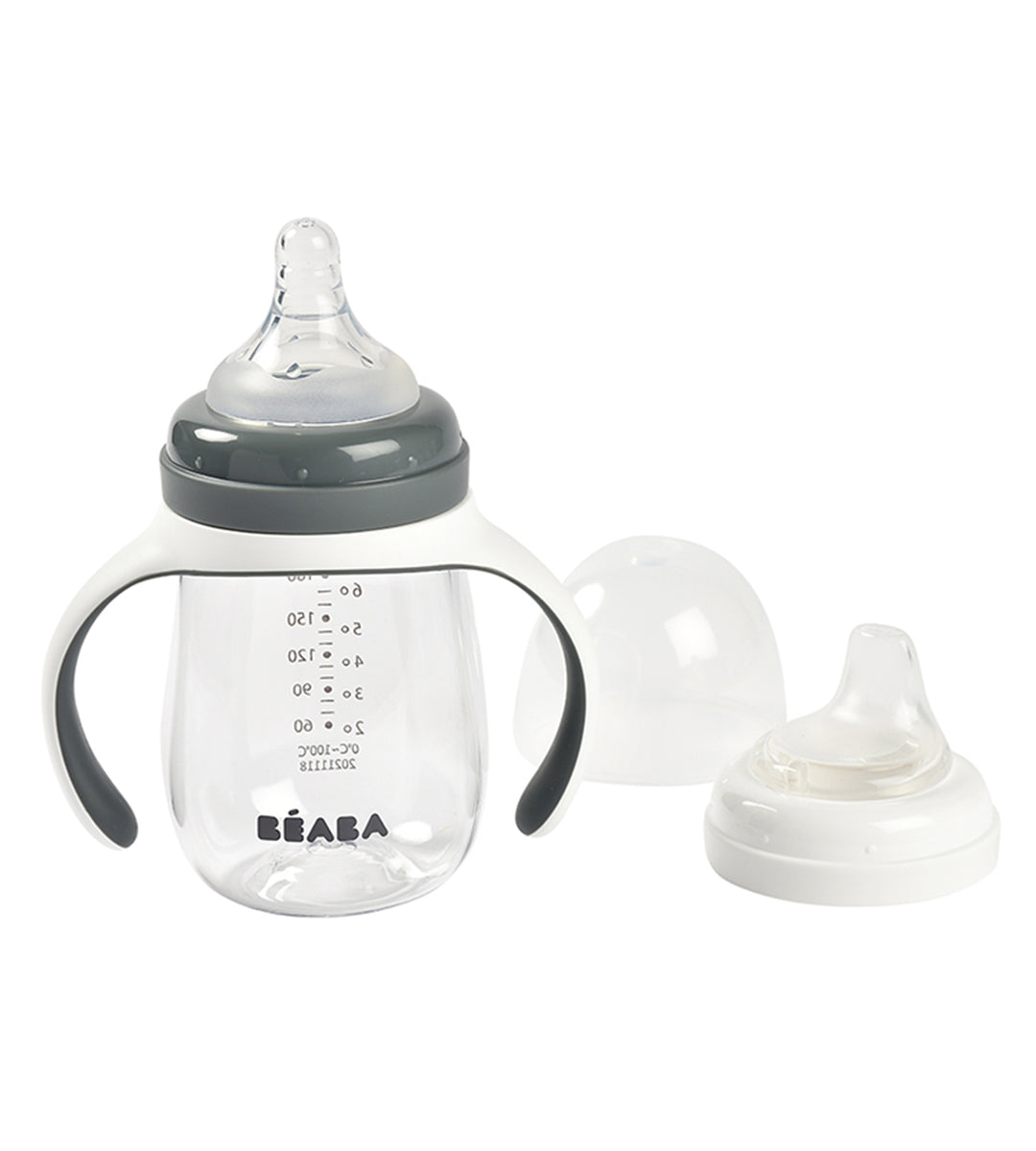 Beaba 2 In 1 Learning Bottle set including a transparent bottle with blue handles and measurement markings, a bottle teat, and a spout with two rings.