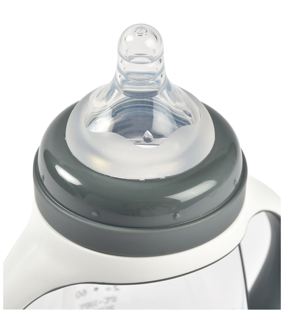 Close-up of a baby bottle with a gray cap on a white background