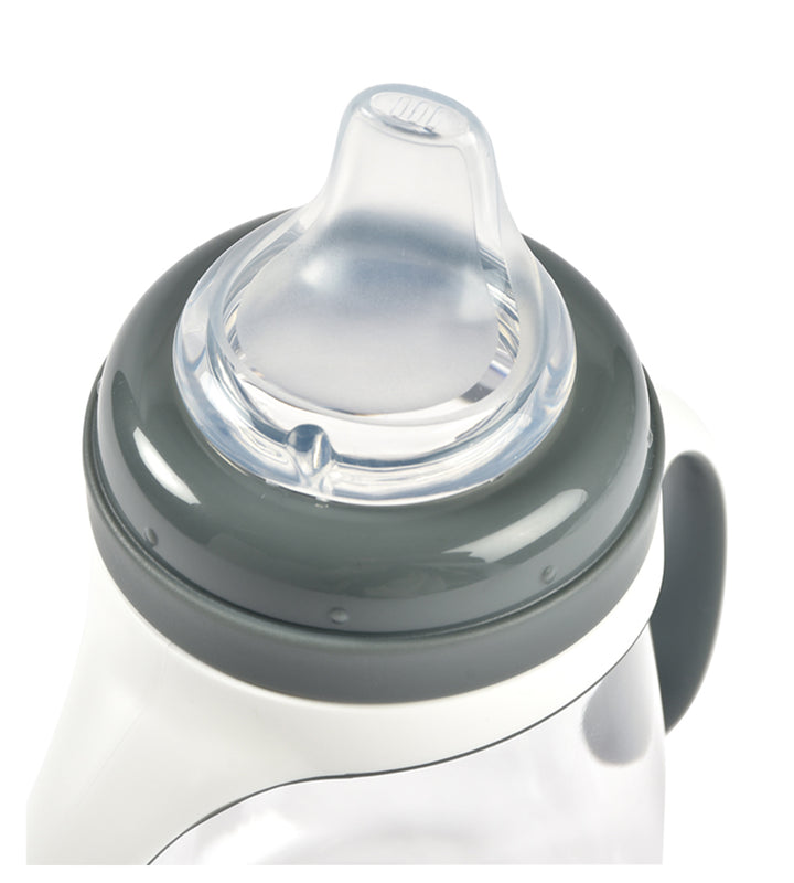 Close-up of a baby bottle with a clear nipple on a white background