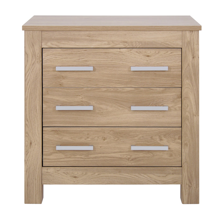 Wooden dresser with three drawers and metal handles on a white background