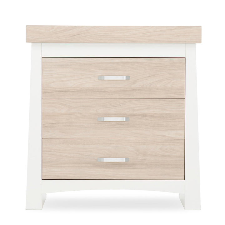 Wooden nightstand with two drawers and a light wood top on a white background