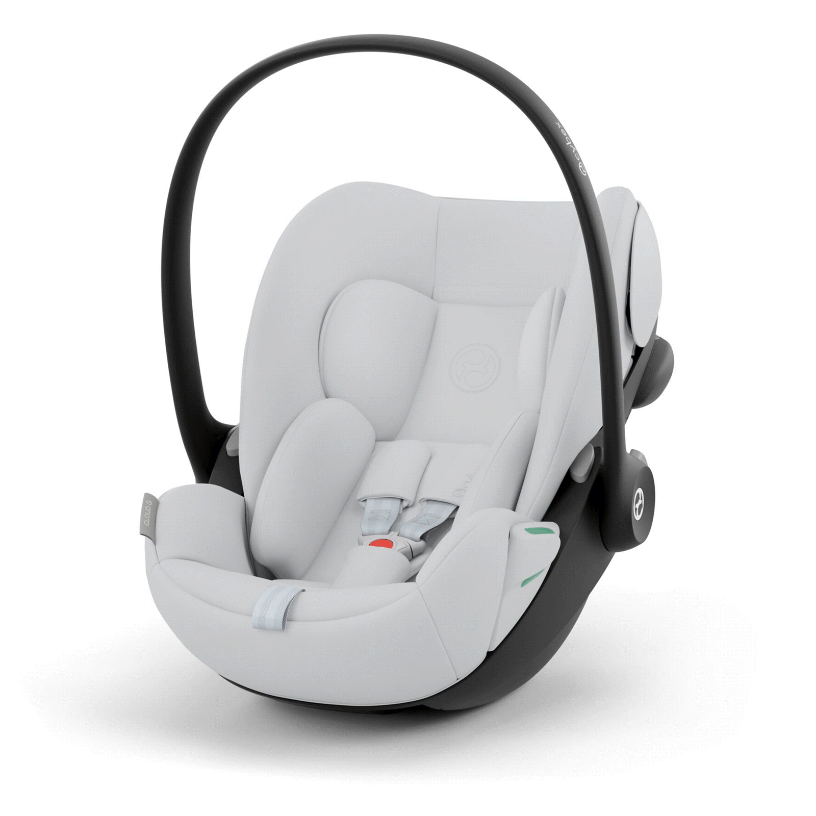 white car seat with black handle and underside, on a white background