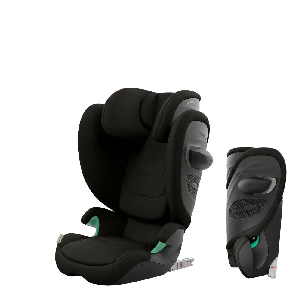 Cybex Solution G2 Fold i-Size Car Seat, shown both folded and unfolded, in black color.