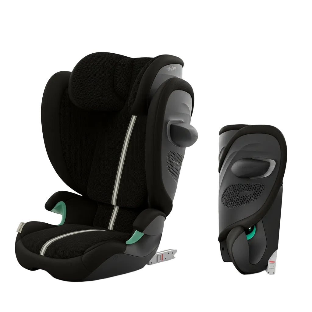 Cybex Solution G2 Fold Plus i-Size Car Seat, shown both folded and unfolded, featuring a black color and ISOFIX connectors.