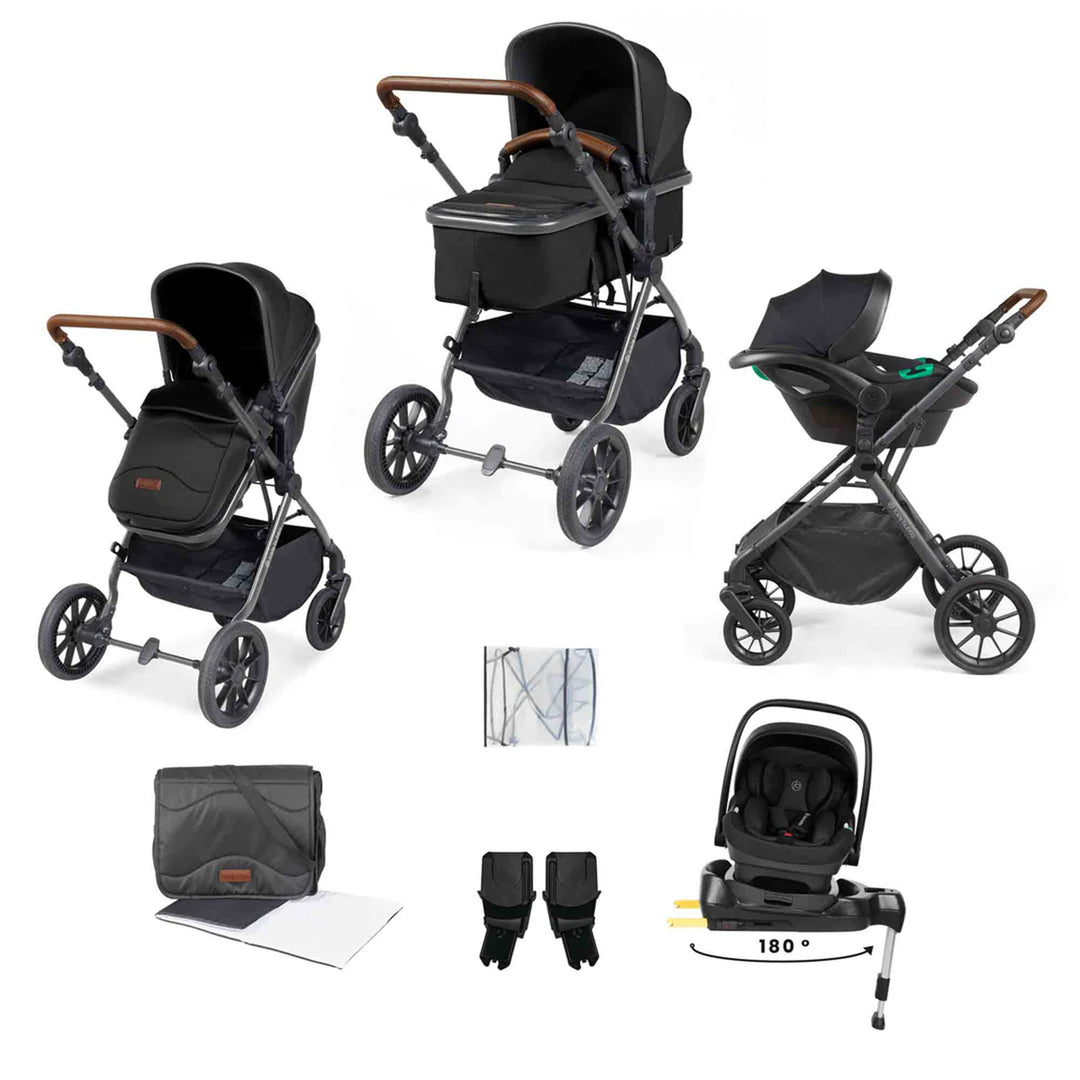 Collage of a black stroller and car seat with accessories on a white background