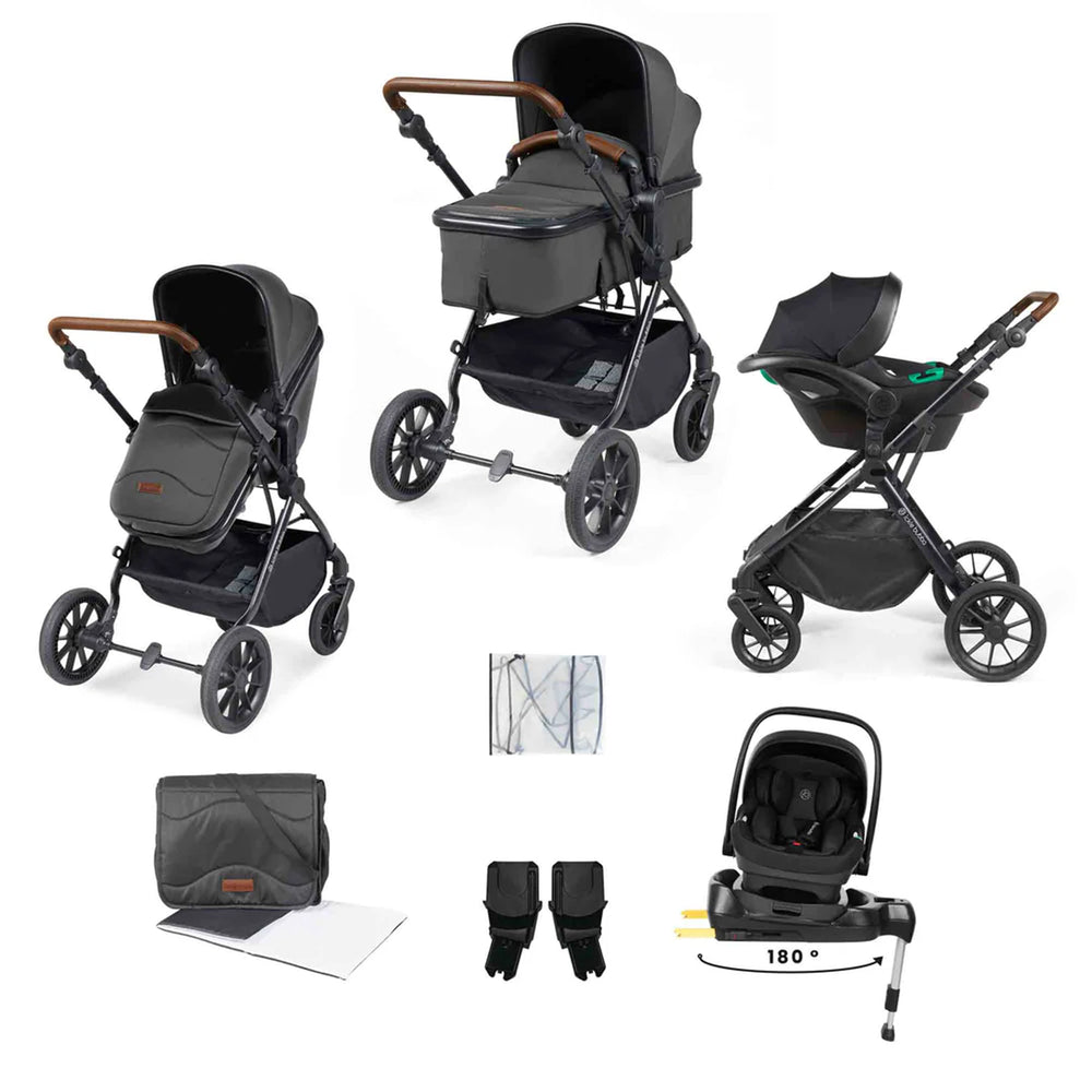 Collage of a black baby stroller and car seat with accessories on a white background