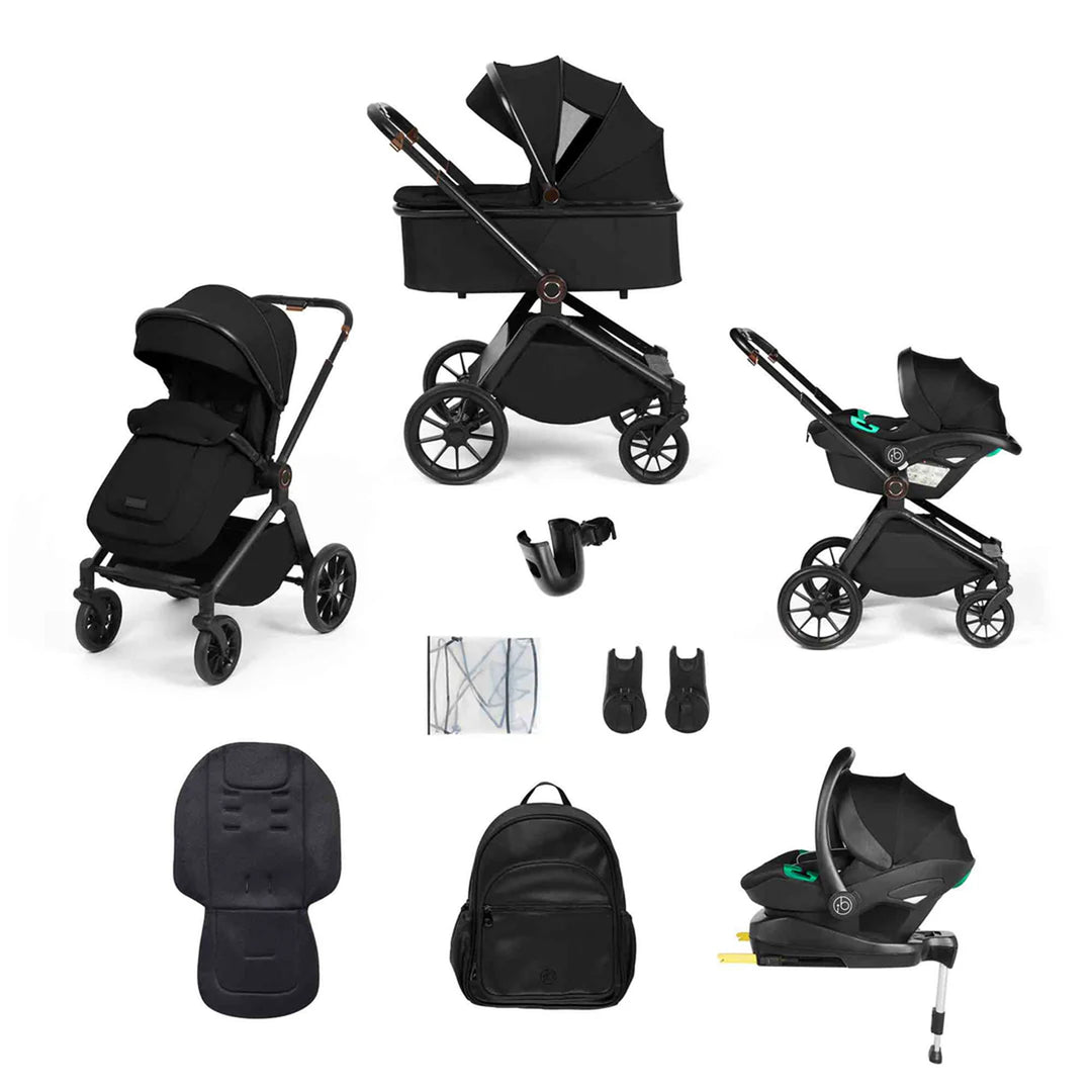 Black baby stroller and accessories on a white background