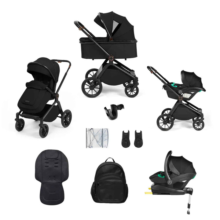 Black baby stroller and accessories on a white background