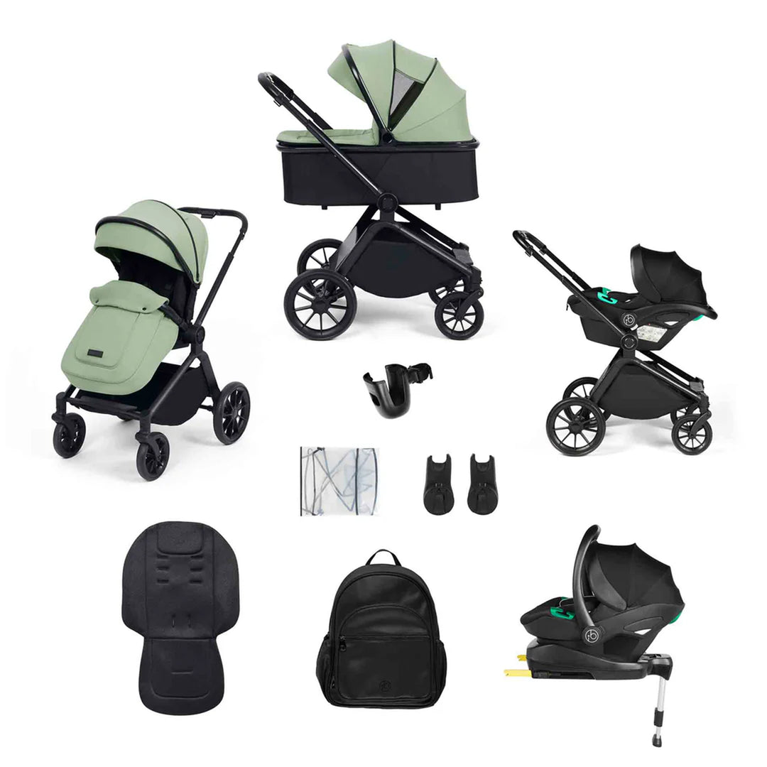 Collage of a baby stroller and related accessories on a white background