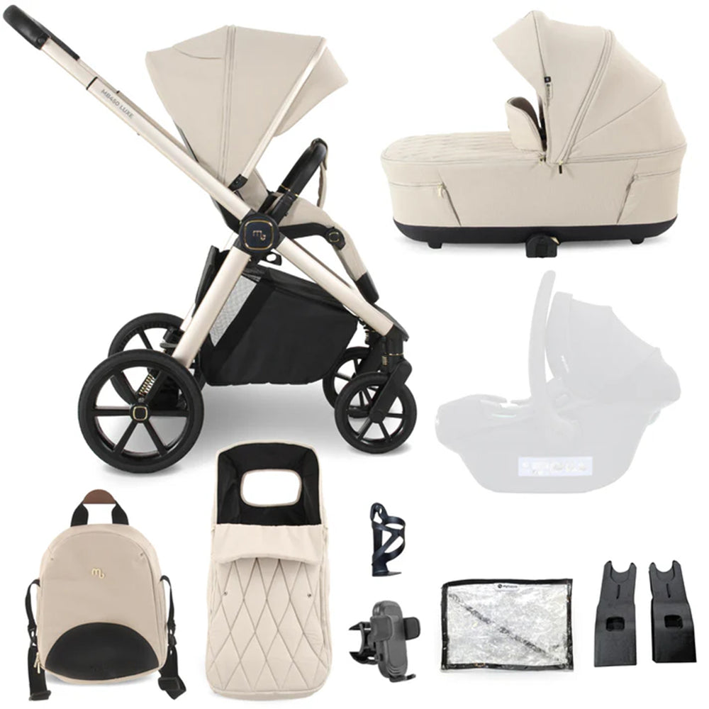 Beige stroller set with accessories on a white background