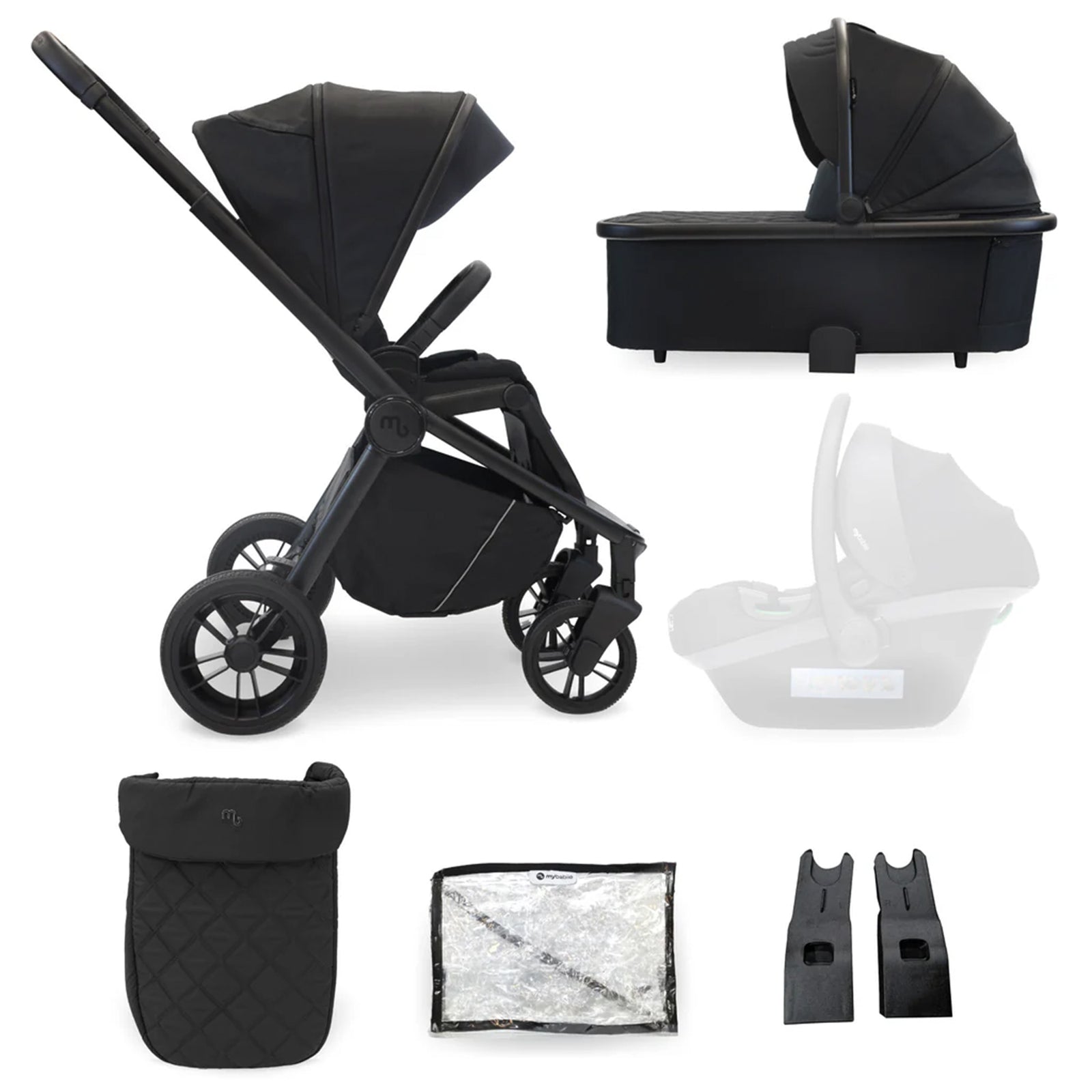 My Babiie 2 in 1 Pushchair & Carrycot - MB450i, shown with carrycot, seat unit, footmuff, raincover, and storage basket.