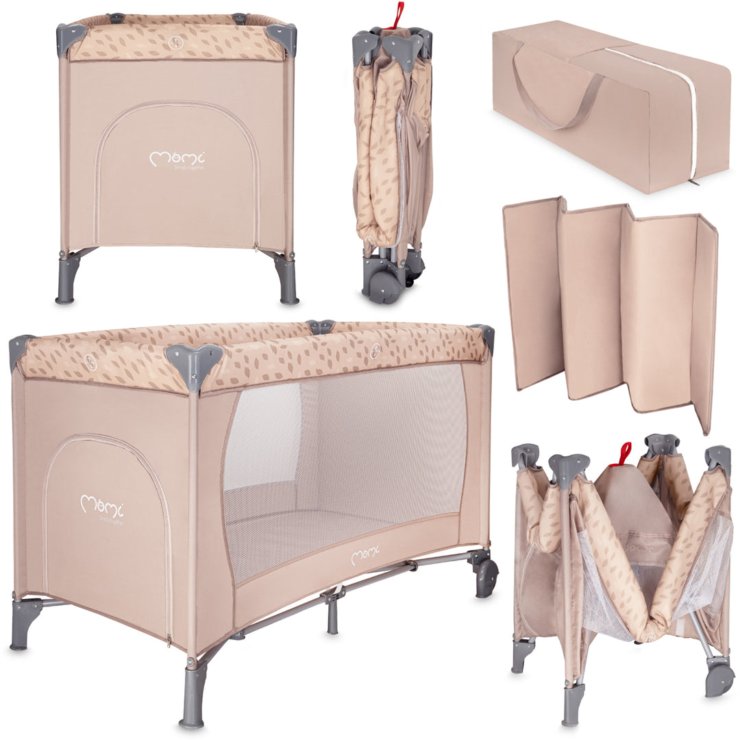 Collapsible baby crib in beige with multiple views on a white background