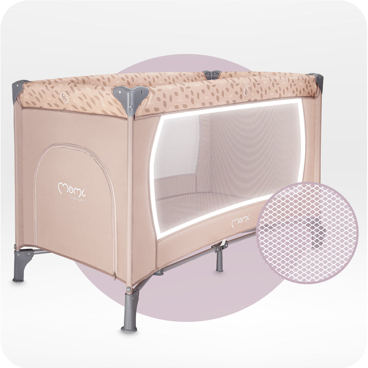 Beige baby playpen with mesh side on a white background