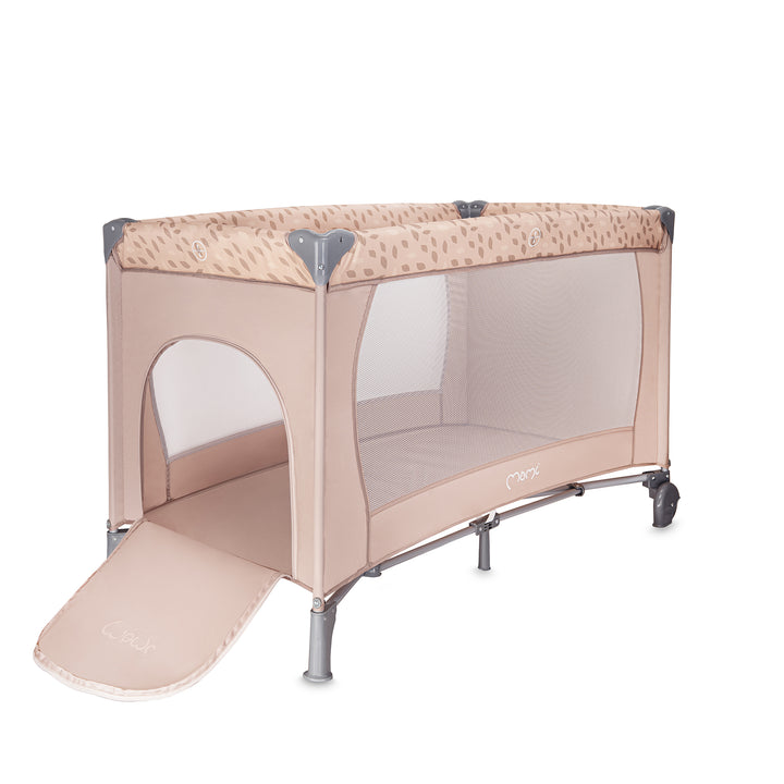 Beige children's playpen with slide on a white background