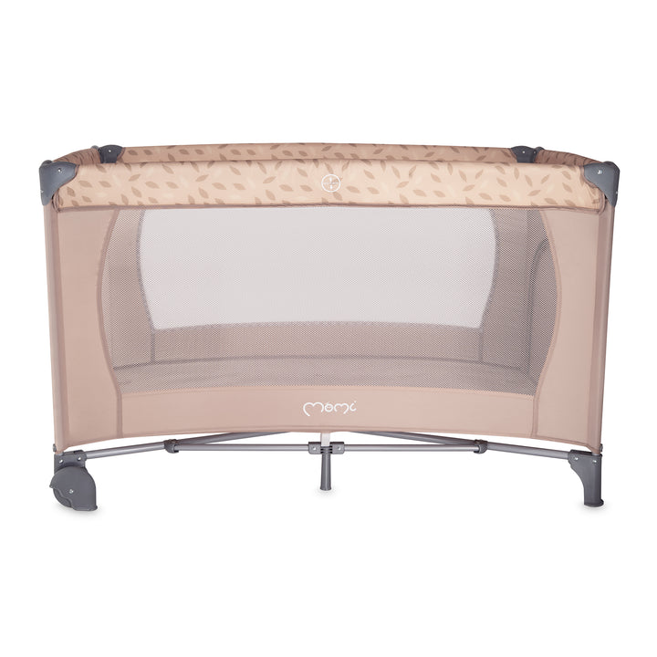 Beige baby crib with mesh side on a white background