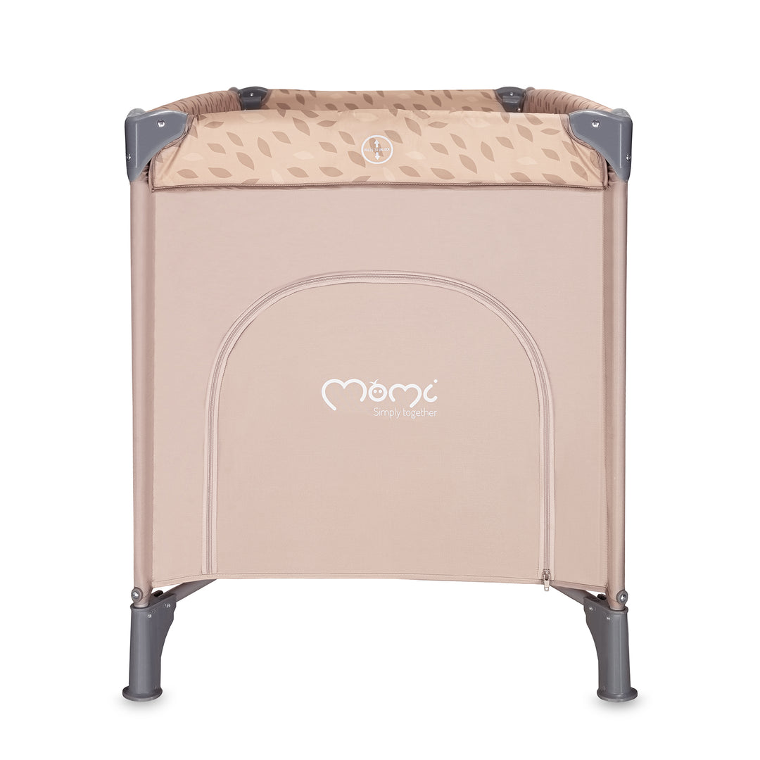 Beige and gray baby crib with 'mommy' branding on a white background