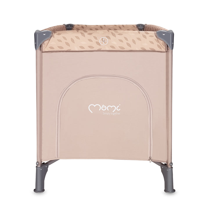Beige and gray baby crib with 'mommy' branding on a white background