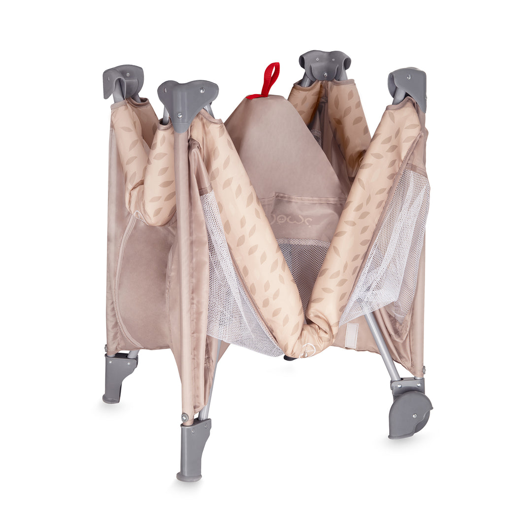 Baby bassinet with canopy and gray legs on a white background