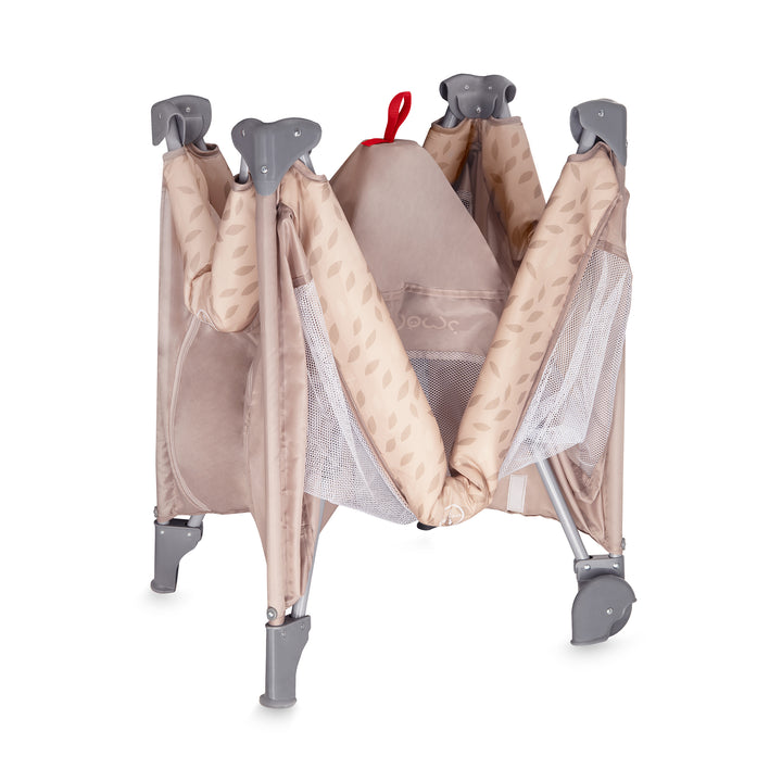 Baby bassinet with canopy and gray legs on a white background