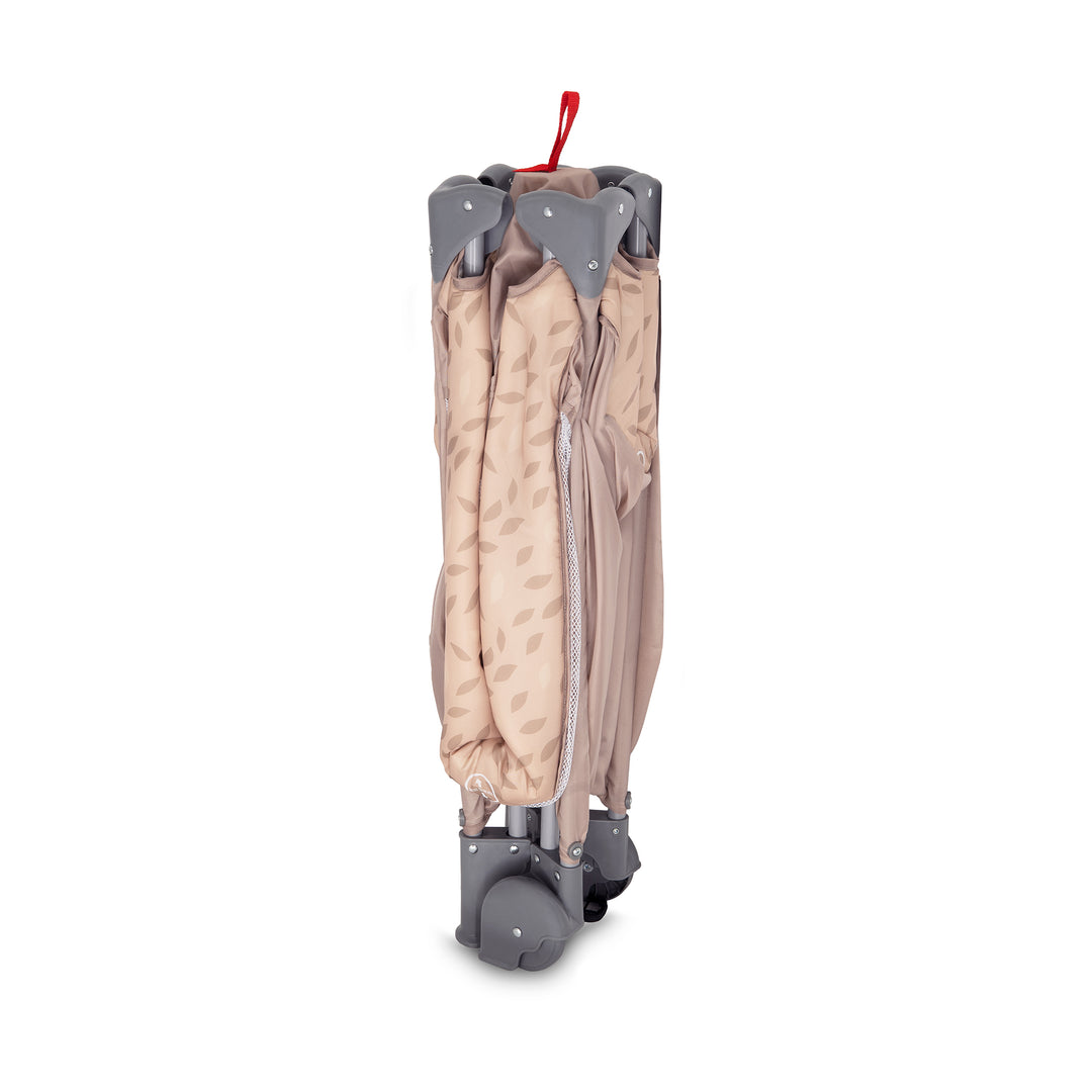 Foldable beige cart with gray wheels and handle on a white background