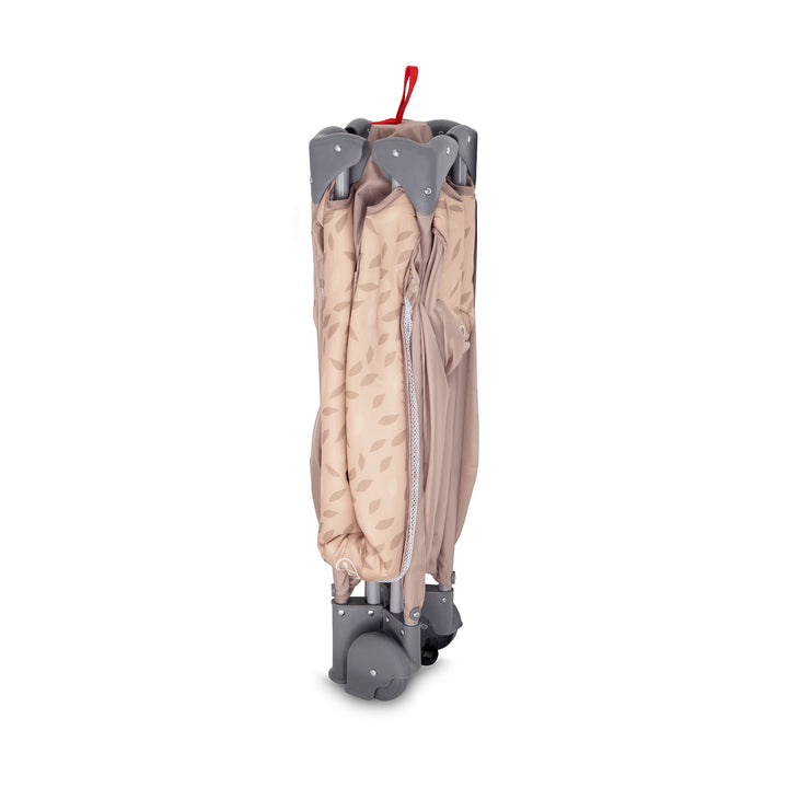 Foldable beige cart with gray wheels and handle on a white background