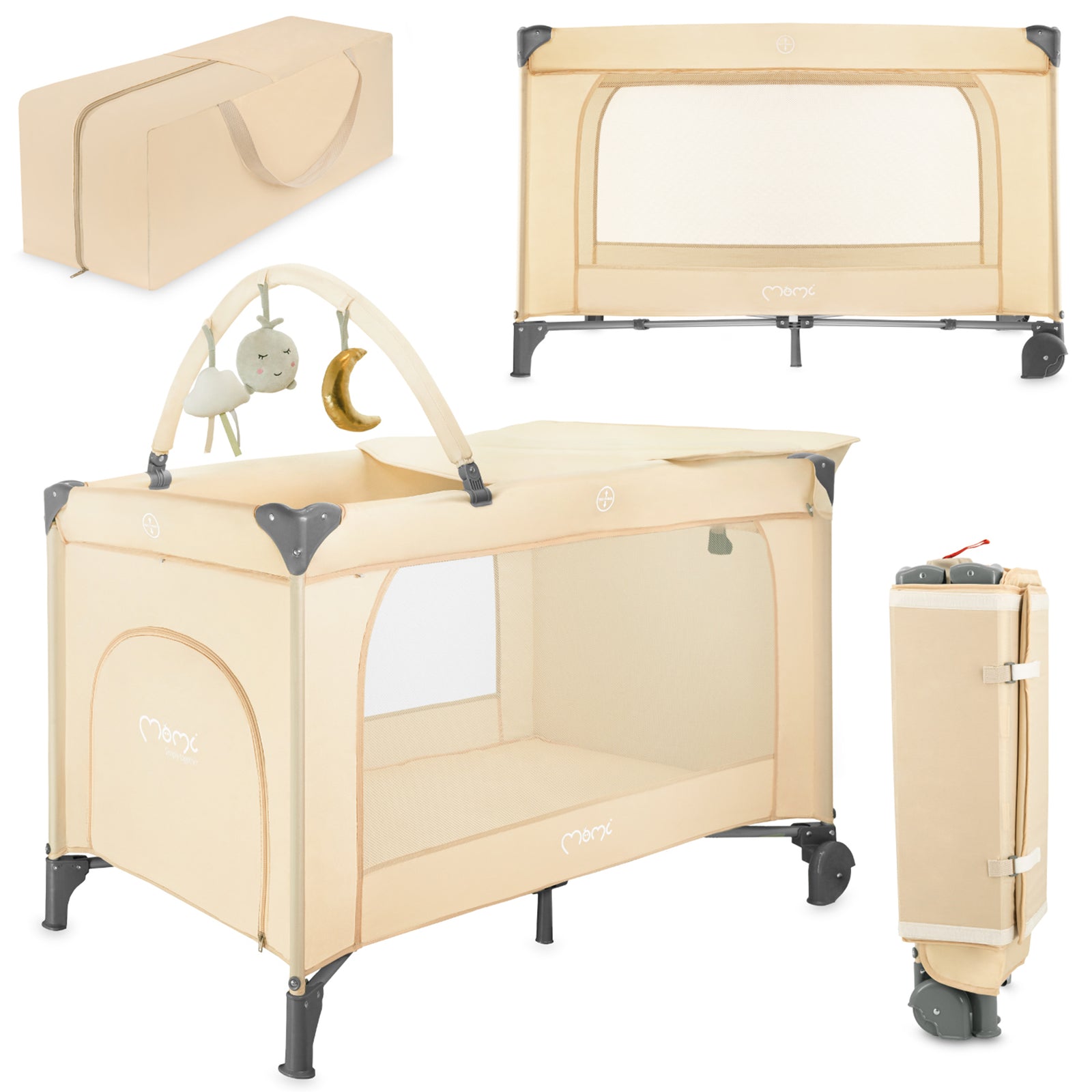 Beige baby playpen with accessories on a white background